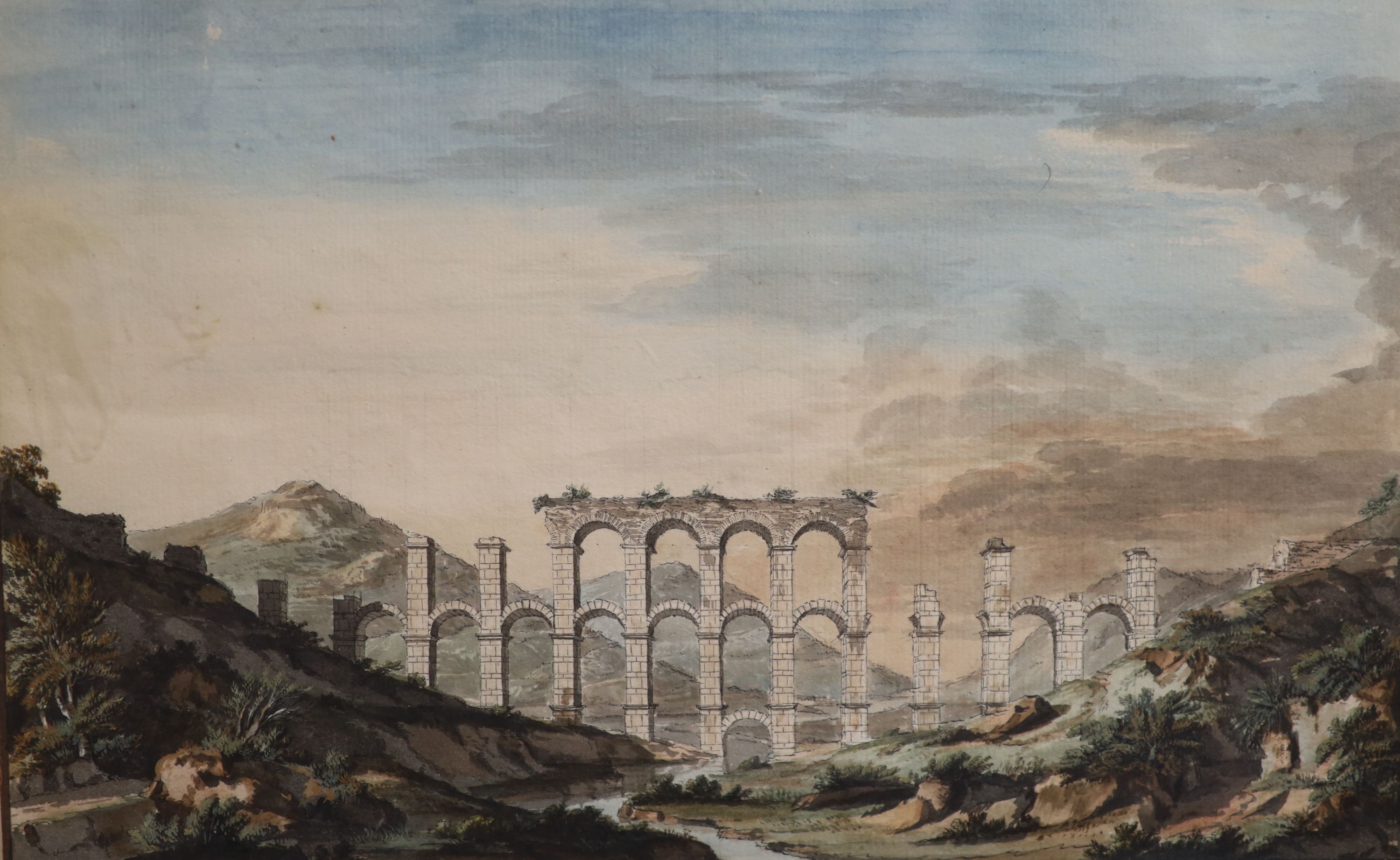 Giovanni Batista Borra (1712-1786), A view of the Roman aqueduct near Mytilene of the Island of Lesbos, pen, ink and watercolour, 20 x 31cm